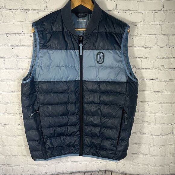 Coach Signature Mens Sz L Packable Lightweight Down Puffer Vest Blue Colorblock - Picture 1 of 11